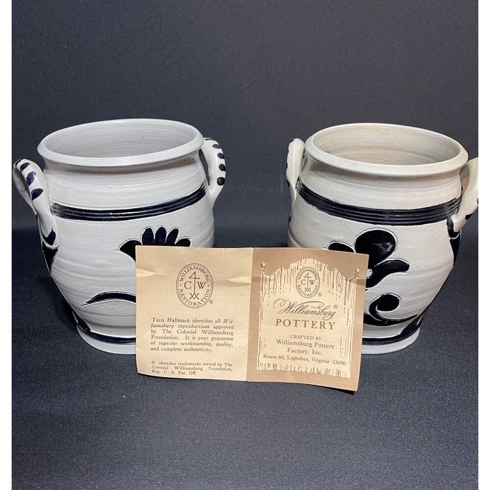 2WILLIAMSBURG POTTERY STONEWARE CROCK COBALT BLUE SALT GLAZE ORIGINAL BROCHURE